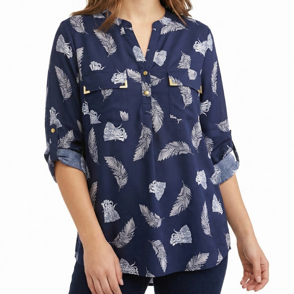 Live 4 Truth Navy Blue Elephant & Feather Print Blouse Roll Tab Sleeve Sz M Boho
